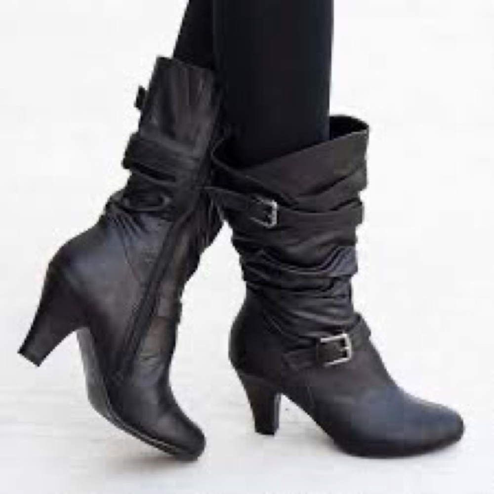 Chunky Heel Boots Classic Short Buckle Booties Black Vegan Leather Womens Size 7